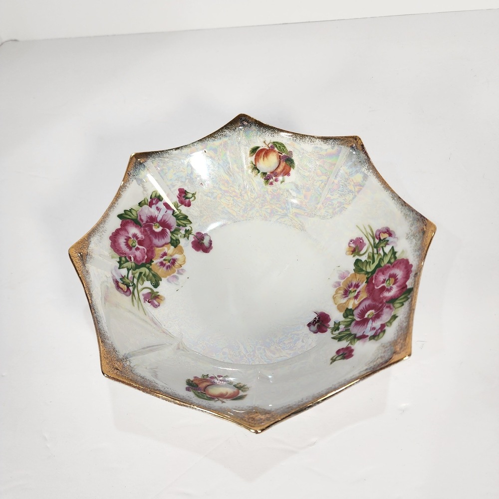 Vintage Trimont Ware Japan Lusterware Bowl Floral Fruit Gold Trim Scalloped 8.5"